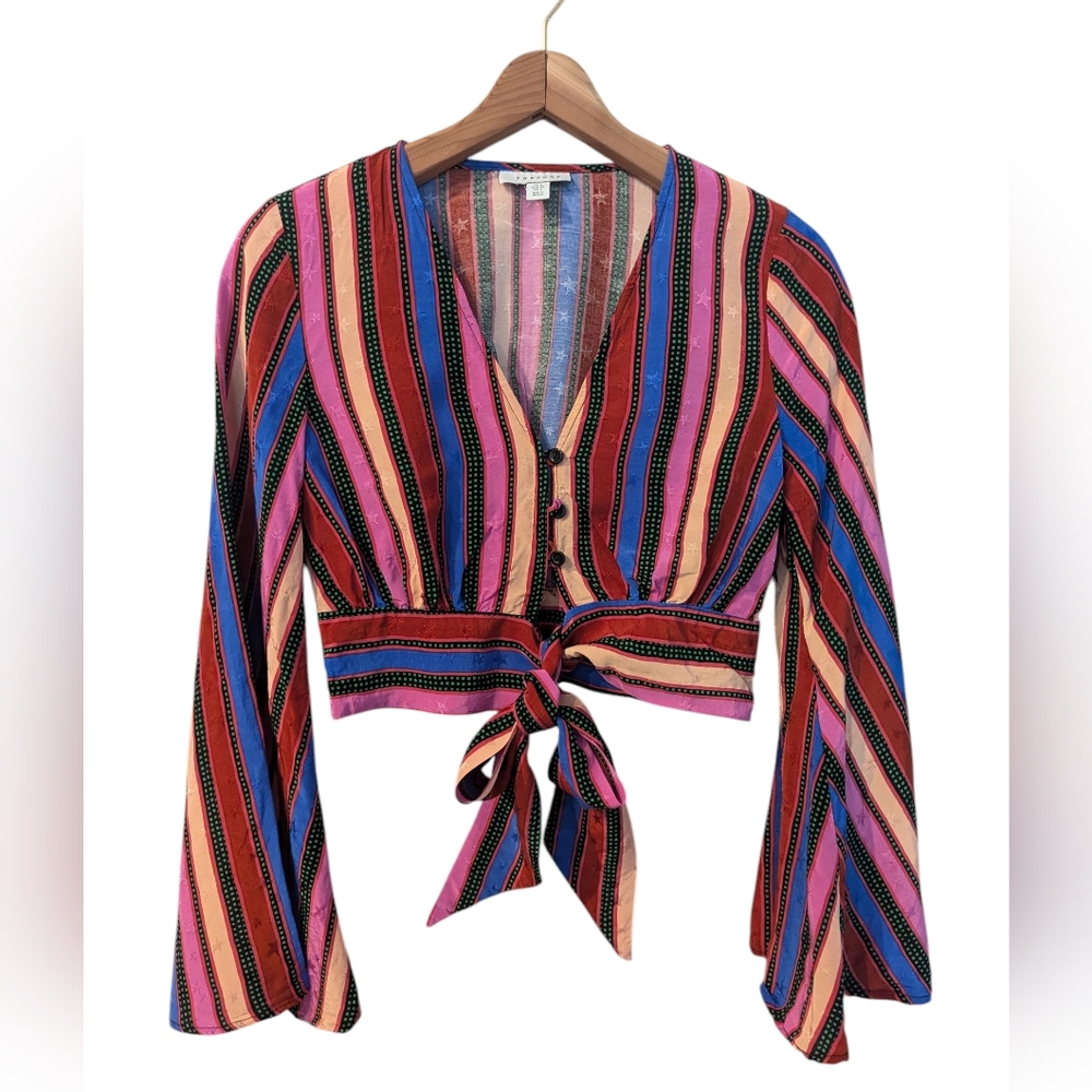 TOPSHOP Striped Long Bell Sleeve Crop Tie Front Blouse Size 2